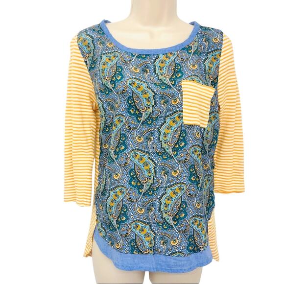 Y2k Anthropologie Postage Stamp Mix Media Popover Top Yellow Blue Paisley Print - Picture 14 of 16